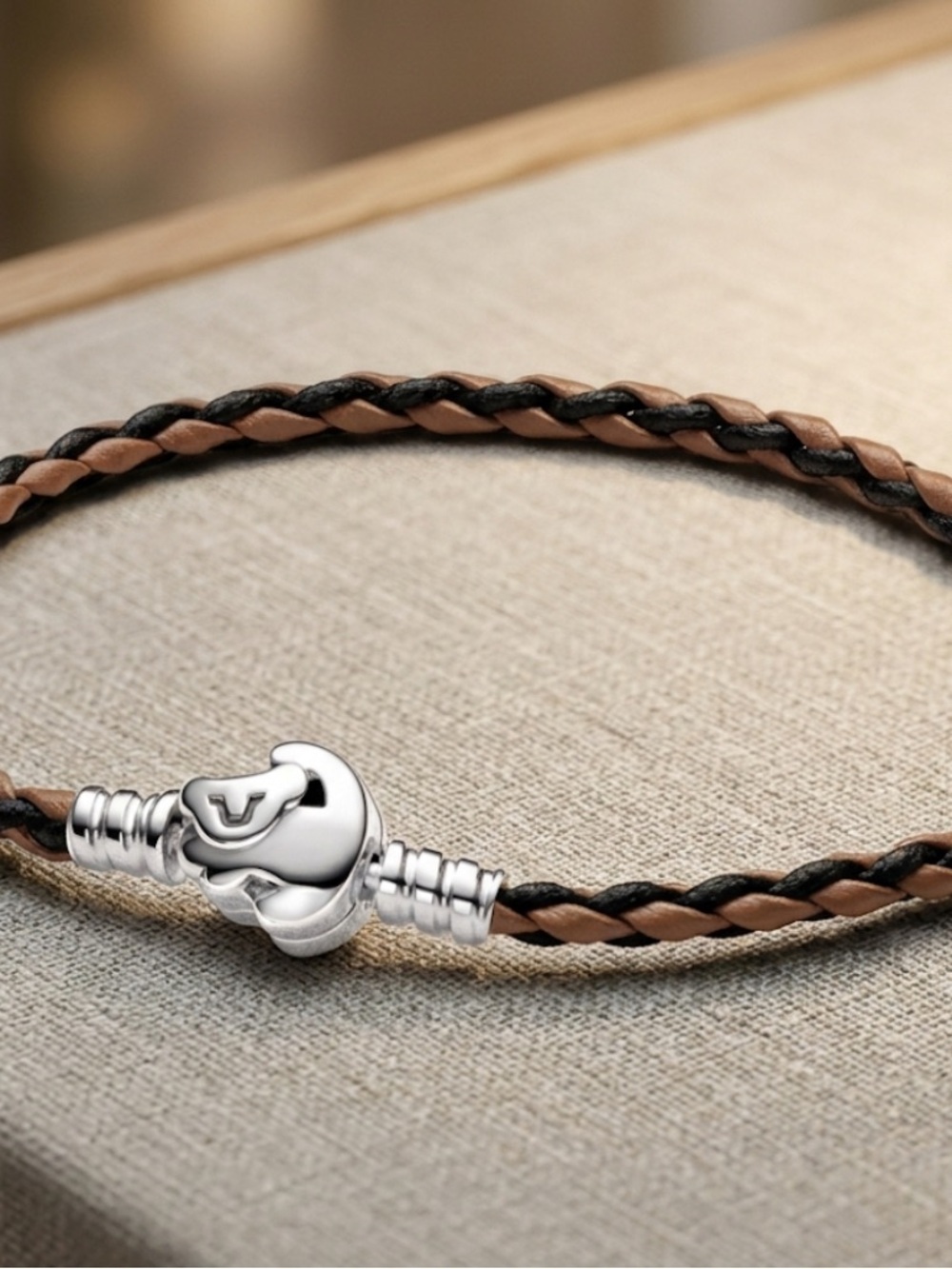Braided Brown & Black Leather Bracelet with Silver Clasp - Picture 3 of 3